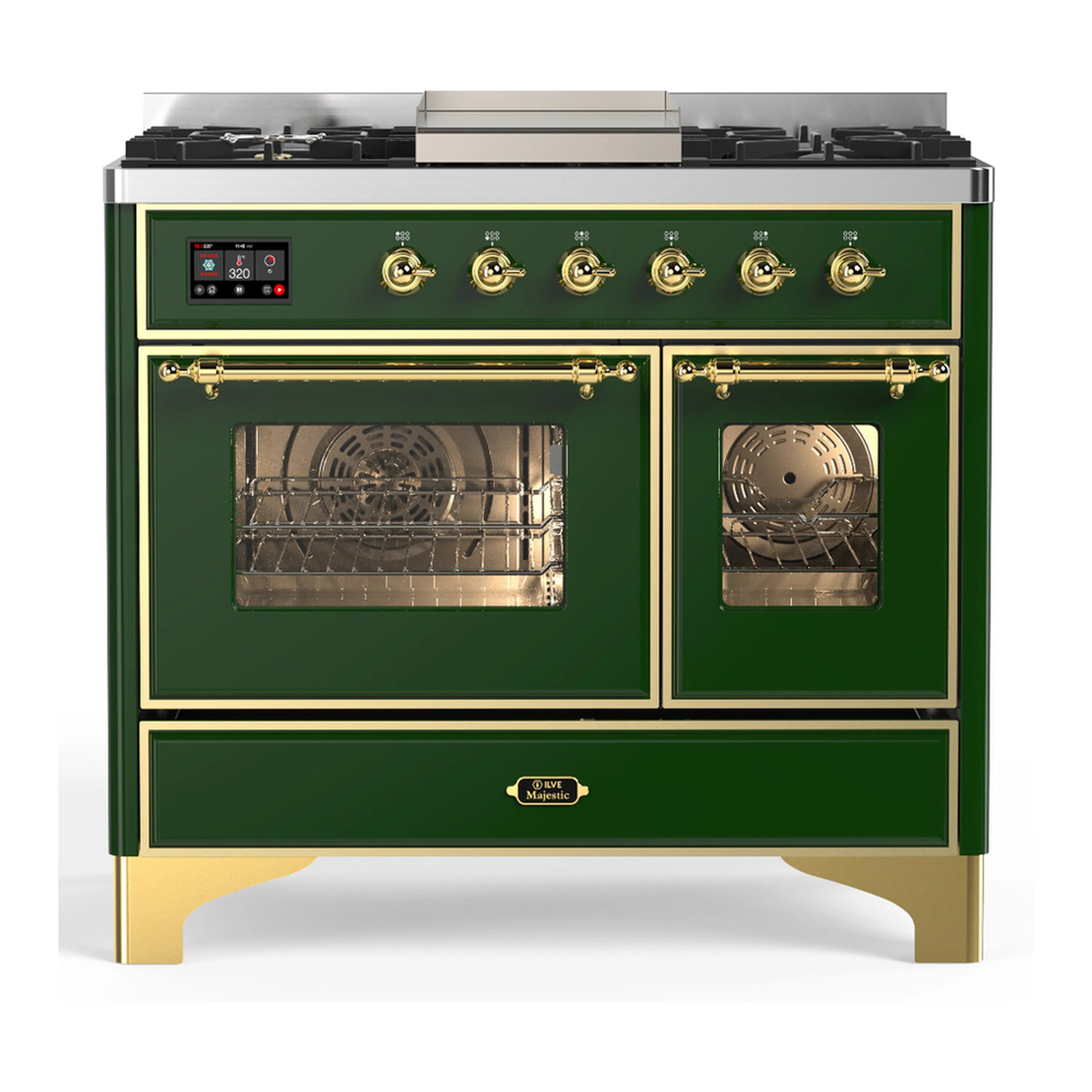 Emerald green dual fuel range front view with brass trim and glass oven doors