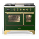 ILVE Majestic III 40-inch Dual Fuel Range with 6 Natural Gas Burner, Griddle and Triple Glass Door Electric Oven in Emerald Green with Brass Trim (UMD40FNR3EGG)