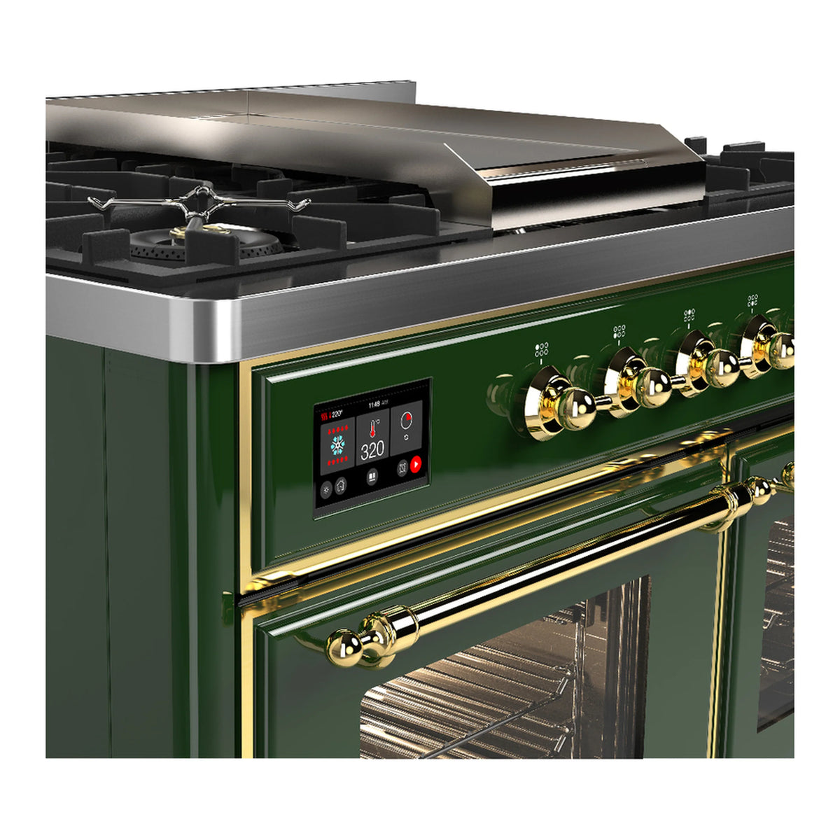 Emerald green dual fuel range with brass knobs and control display, open oven door