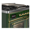 ILVE Majestic III 40-inch Dual Fuel Range with 6 Natural Gas Burner, Griddle and Triple Glass Door Electric Oven in Emerald Green with Brass Trim (UMD40FNR3EGG)