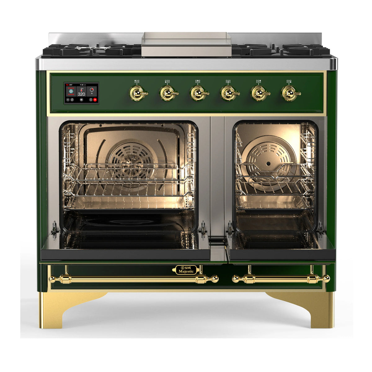 Emerald green dual fuel range with brass knobs, two oven openings, glass oven doors