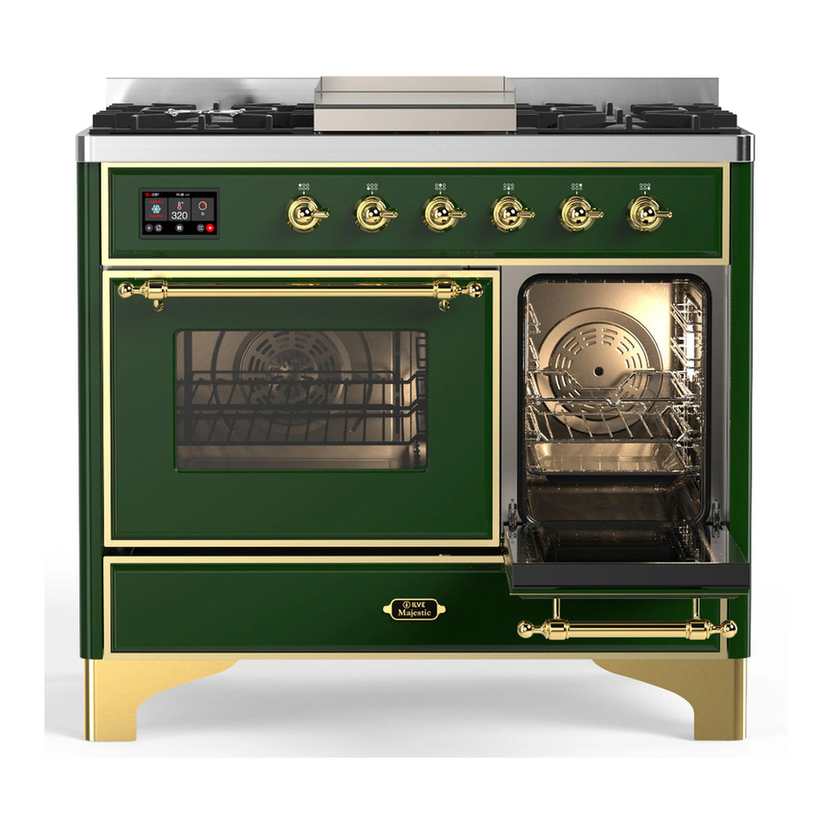 Emerald green dual fuel range showing left oven door open and right glass window