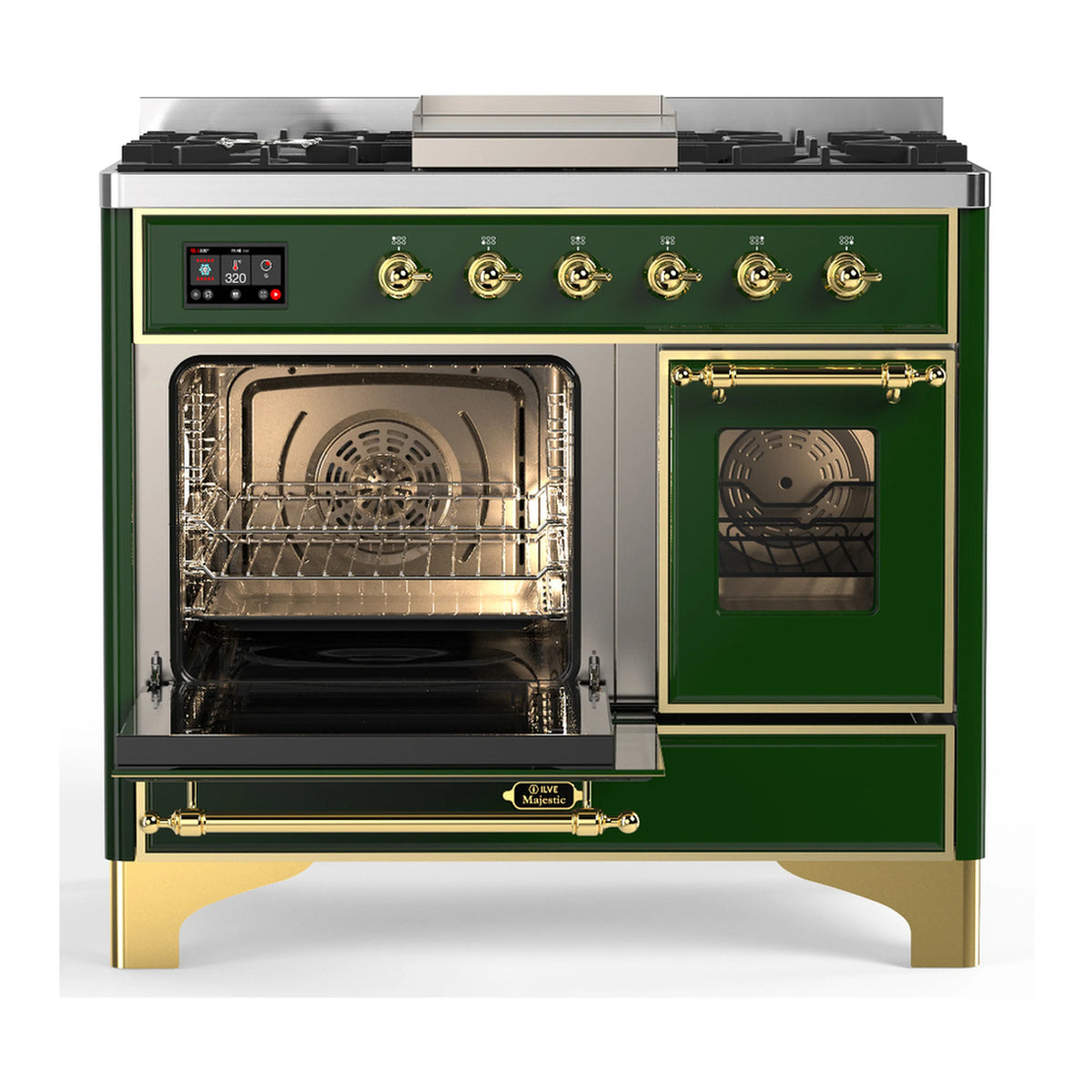 Emerald green dual fuel range with brass trim, two glass-front oven doors
