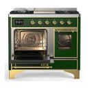 ILVE Majestic III 40-inch Dual Fuel Range with 6 Natural Gas Burner, Griddle and Triple Glass Door Electric Oven in Emerald Green with Brass Trim (UMD40FNR3EGG)