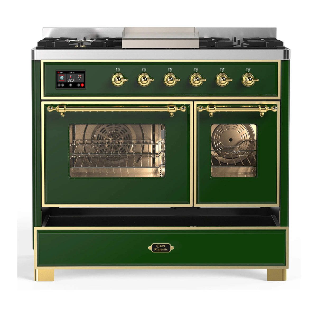 Emerald green dual fuel range with brass trim, two glass-front ovens and storage drawer