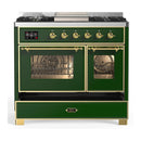 ILVE Majestic III 40-inch Dual Fuel Range with 6 Natural Gas Burner, Griddle and Triple Glass Door Electric Oven in Emerald Green with Brass Trim (UMD40FNR3EGG)