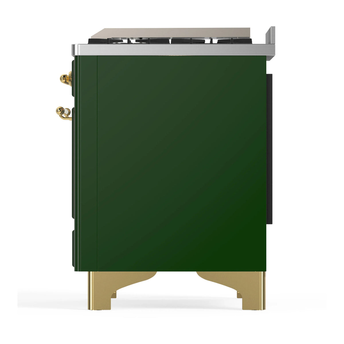 Emerald green range side panel with stainless trim and gold-tone legs