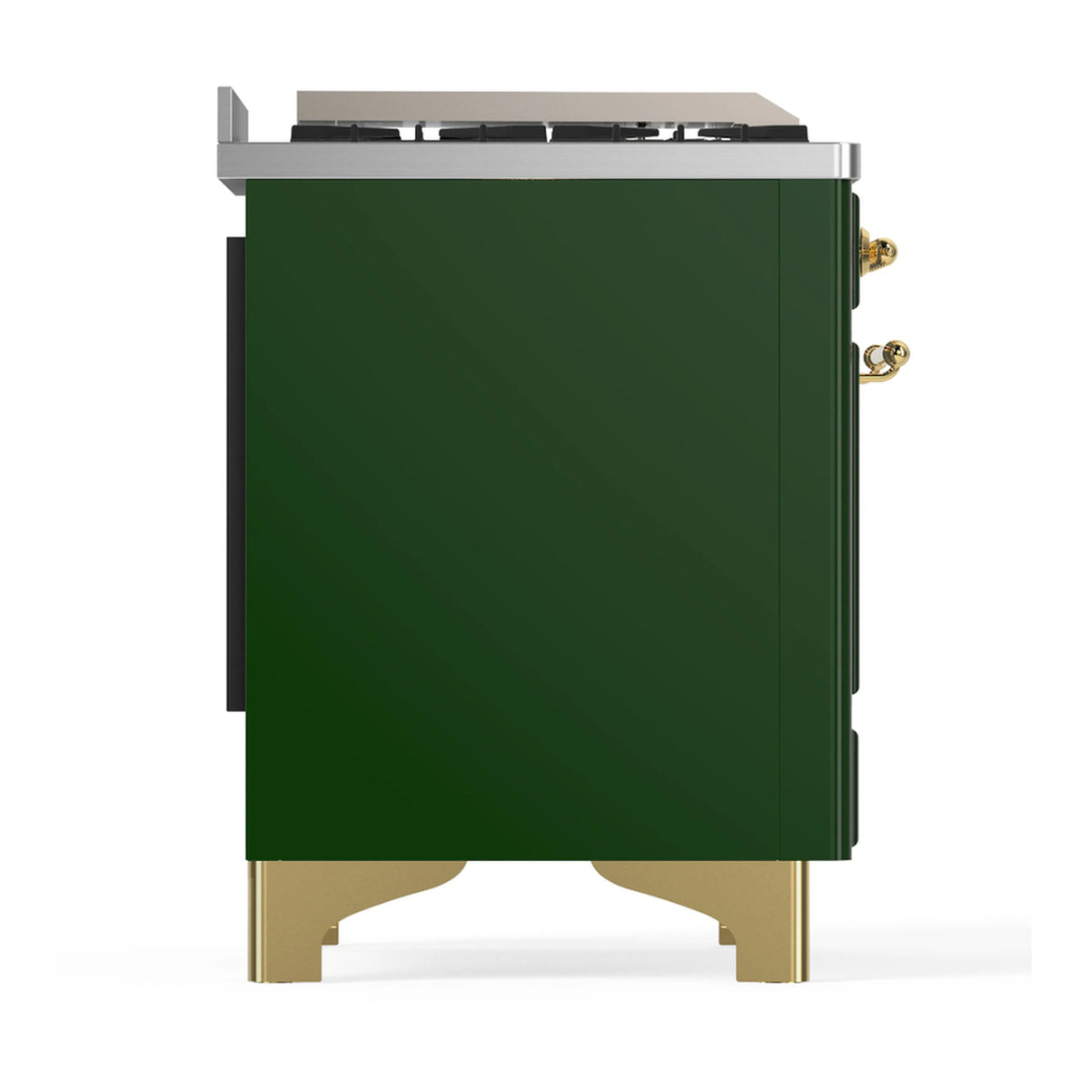 Emerald green range side panel with stainless trim, gold-tone legs, side controls