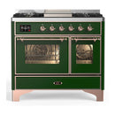 ILVE Majestic III 40-inch Dual Fuel Range with 5 Liquid Propane Burner, Griddle and Triple Glass Door Electric Oven in Emerald Green with Copper Trim (UMD40FNR3EGPLP)