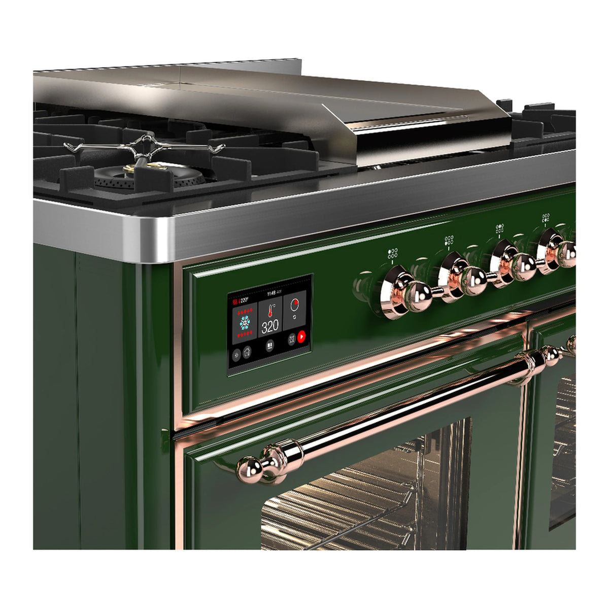 Emerald green dual fuel range with gas burners, chrome trim, and control panel