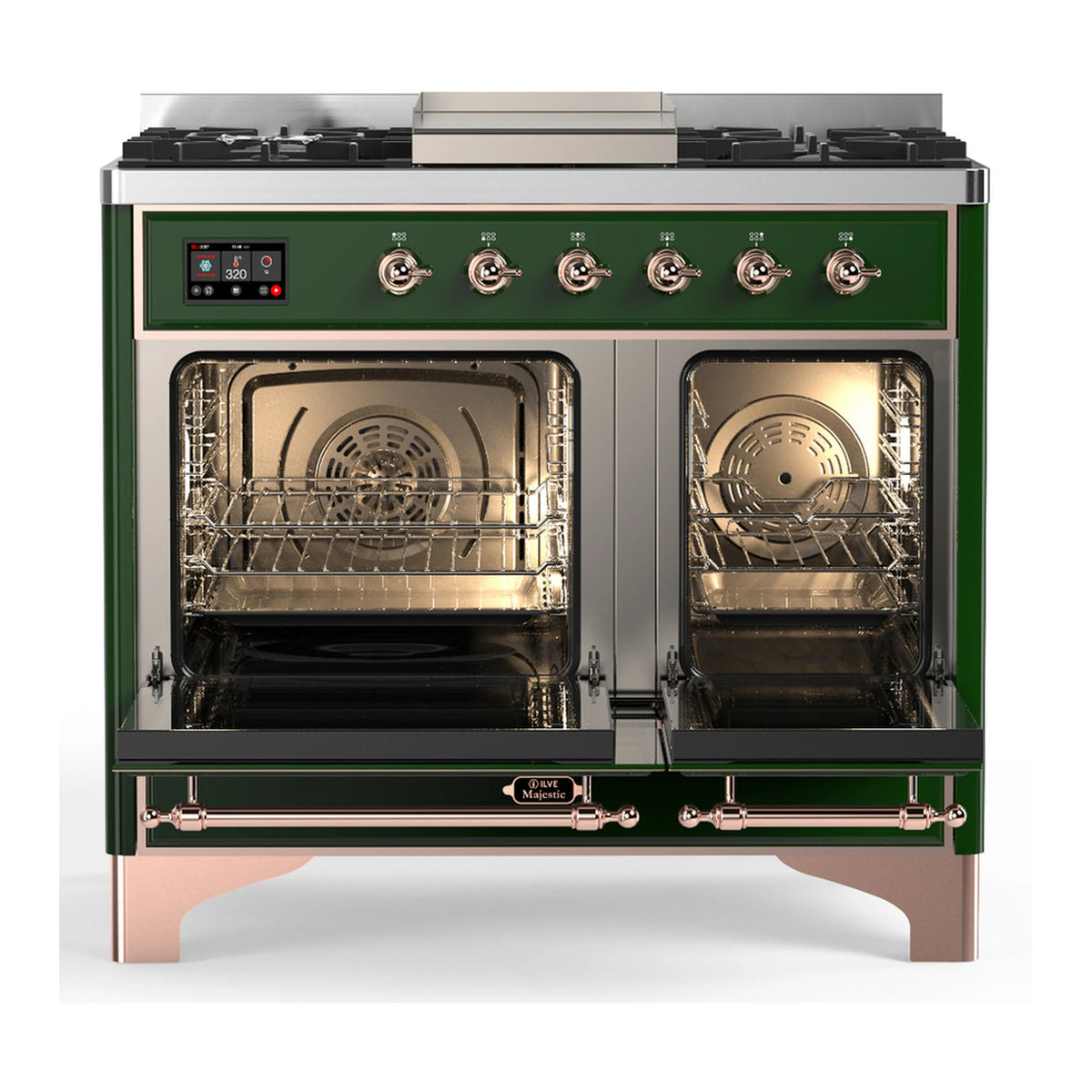 Emerald green dual fuel range with six gas burners and two oven doors with windows