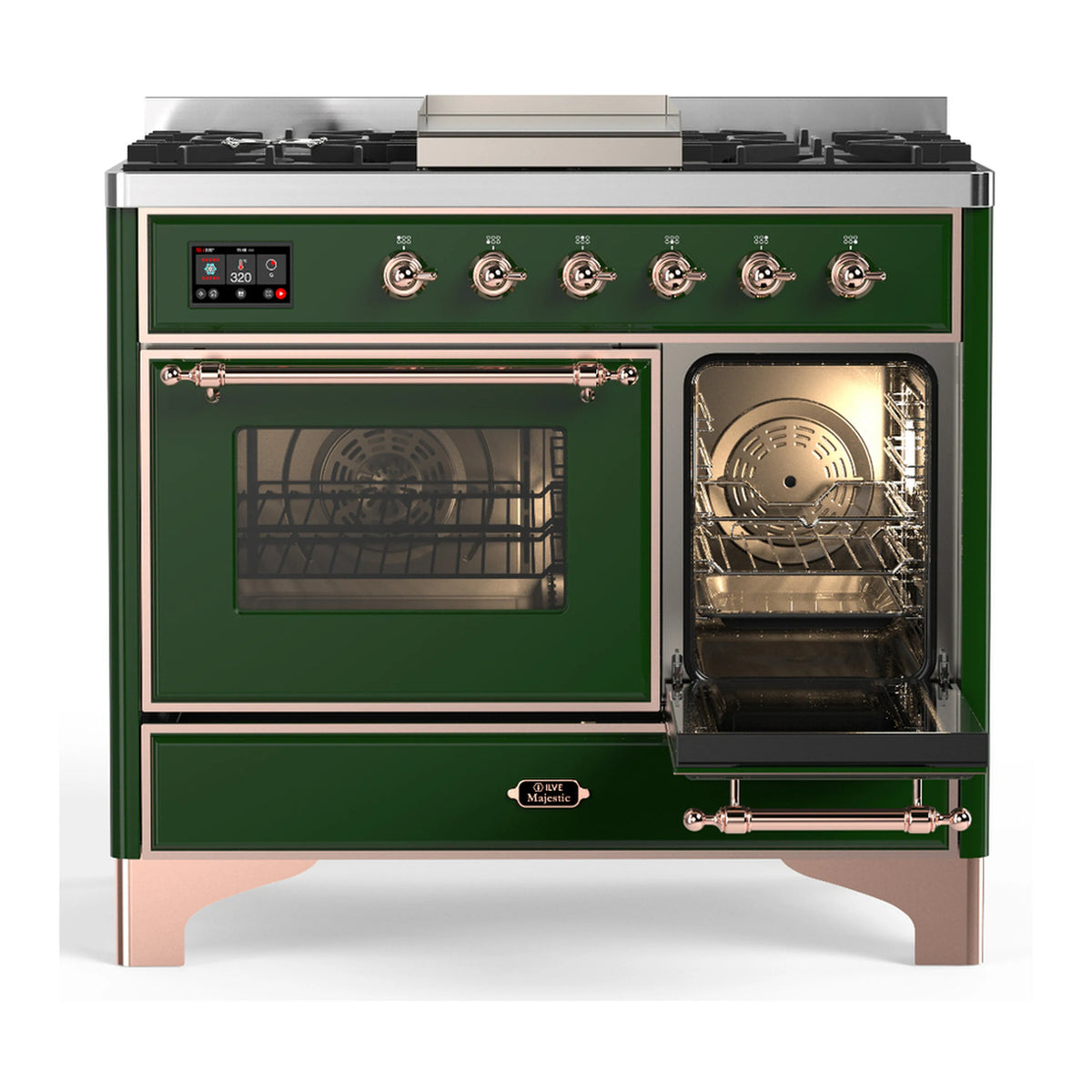 Emerald green dual fuel range showing right oven door open with interior racks