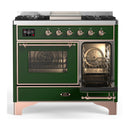 ILVE Majestic III 40-inch Dual Fuel Range with 5 Liquid Propane Burner, Griddle and Triple Glass Door Electric Oven in Emerald Green with Copper Trim (UMD40FNR3EGPLP)