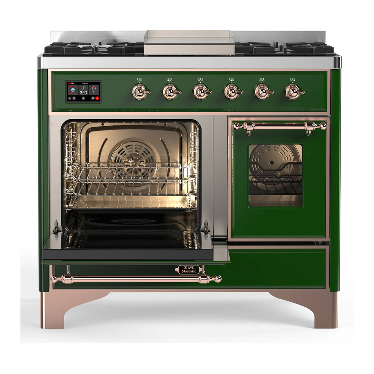 Emerald green dual fuel range with left oven door open and right door window