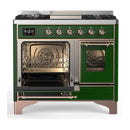 ILVE Majestic III 40-inch Dual Fuel Range with 5 Liquid Propane Burner, Griddle and Triple Glass Door Electric Oven in Emerald Green with Copper Trim (UMD40FNR3EGPLP)