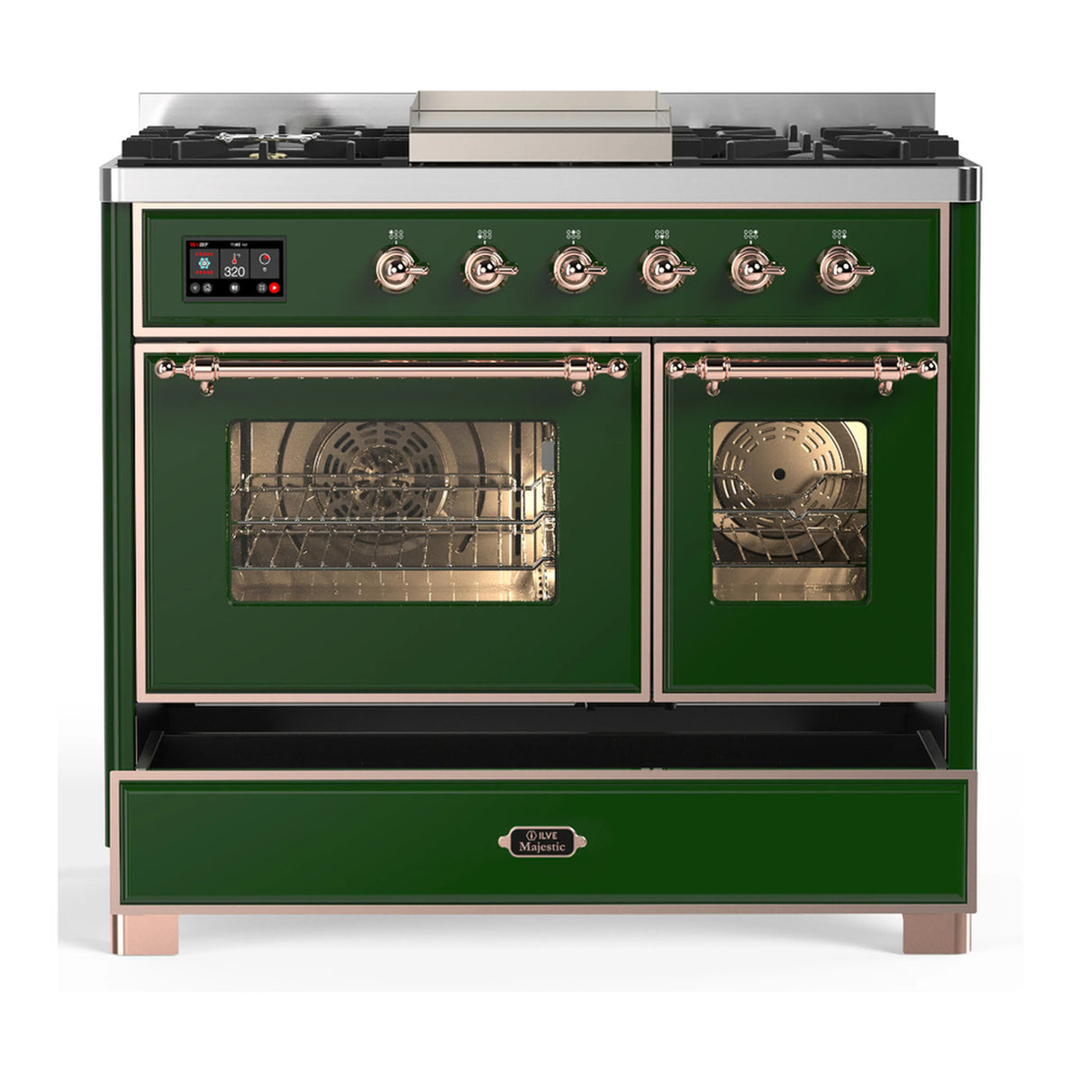 Emerald green dual fuel range with dual ovens, glass windows, and storage drawer