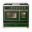 ILVE Majestic III 40-inch Dual Fuel Range with 5 Liquid Propane Burner, Griddle and Triple Glass Door Electric Oven in Emerald Green with Copper Trim (UMD40FNR3EGPLP)