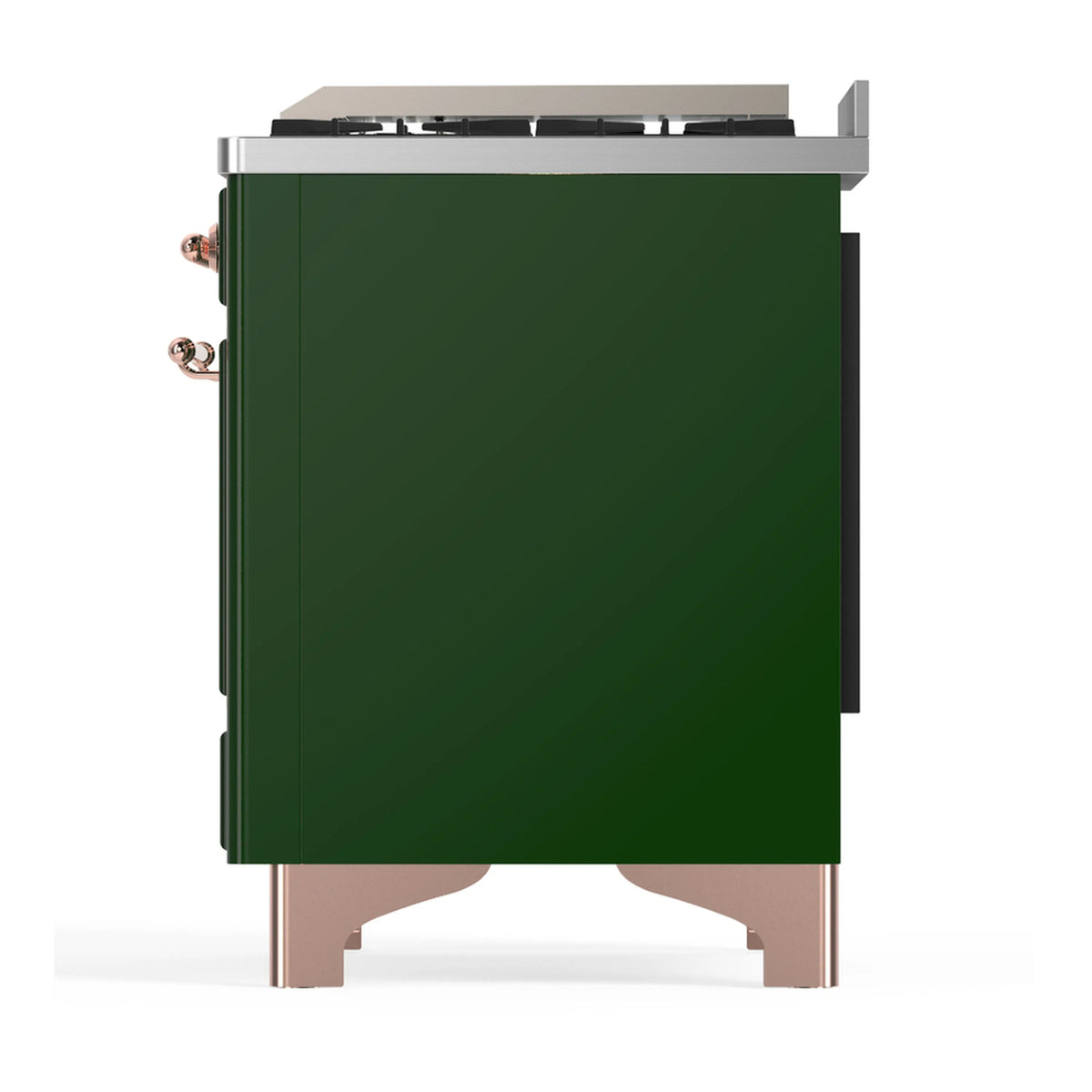 Emerald green side panel of a dual fuel range with copper corner accents