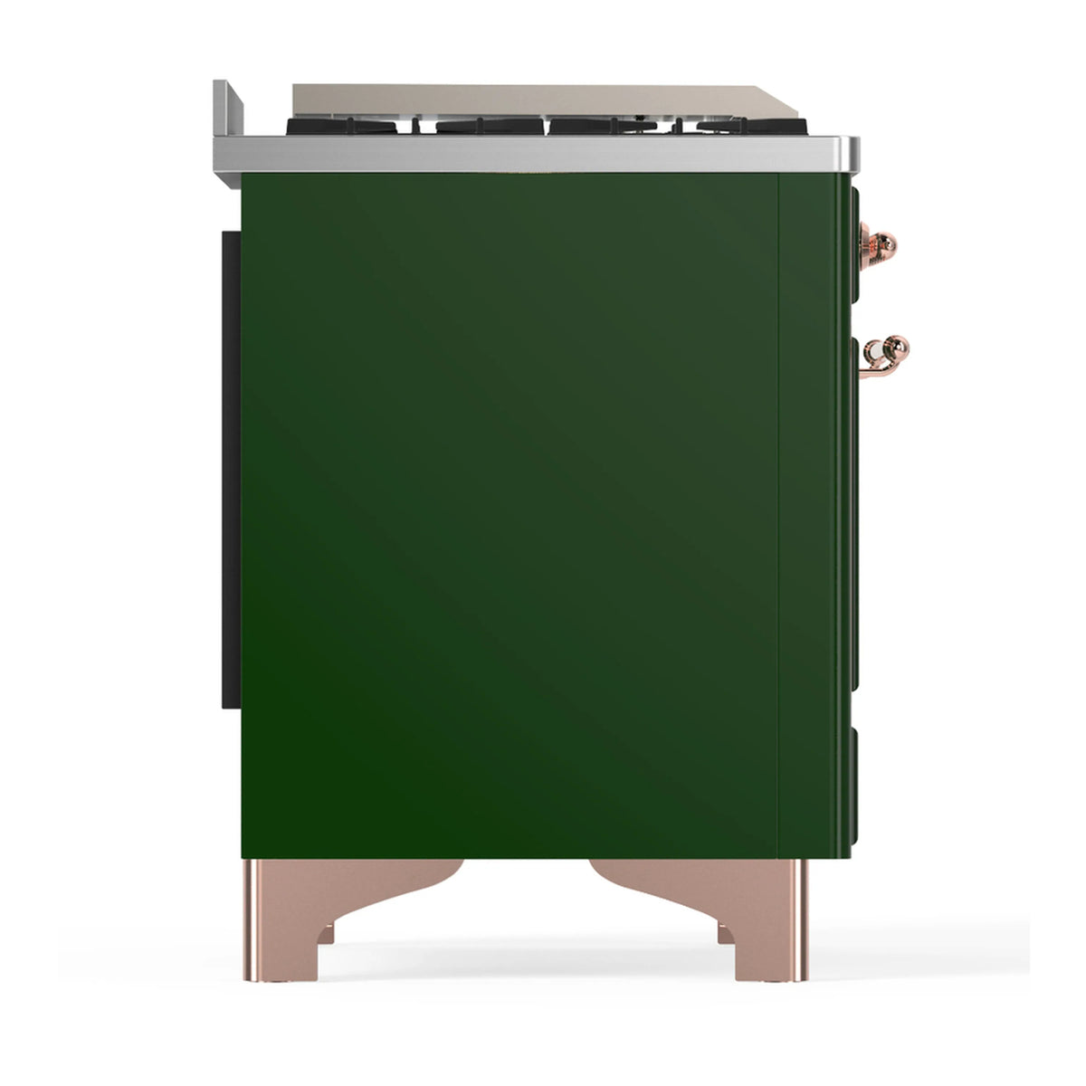 Emerald green side of a dual fuel range with copper base supports