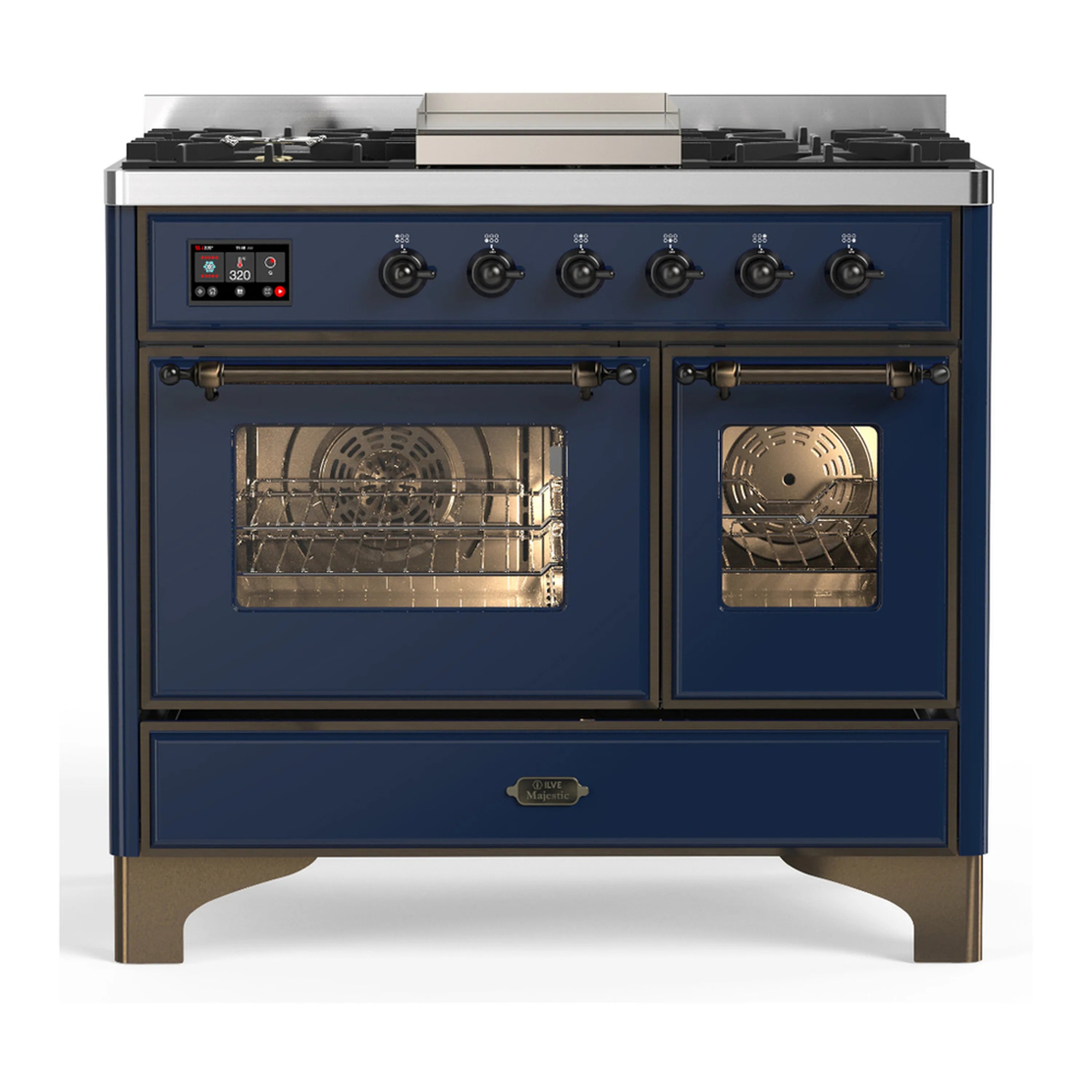 Midnight blue dual fuel range with both oven doors open and control panel above