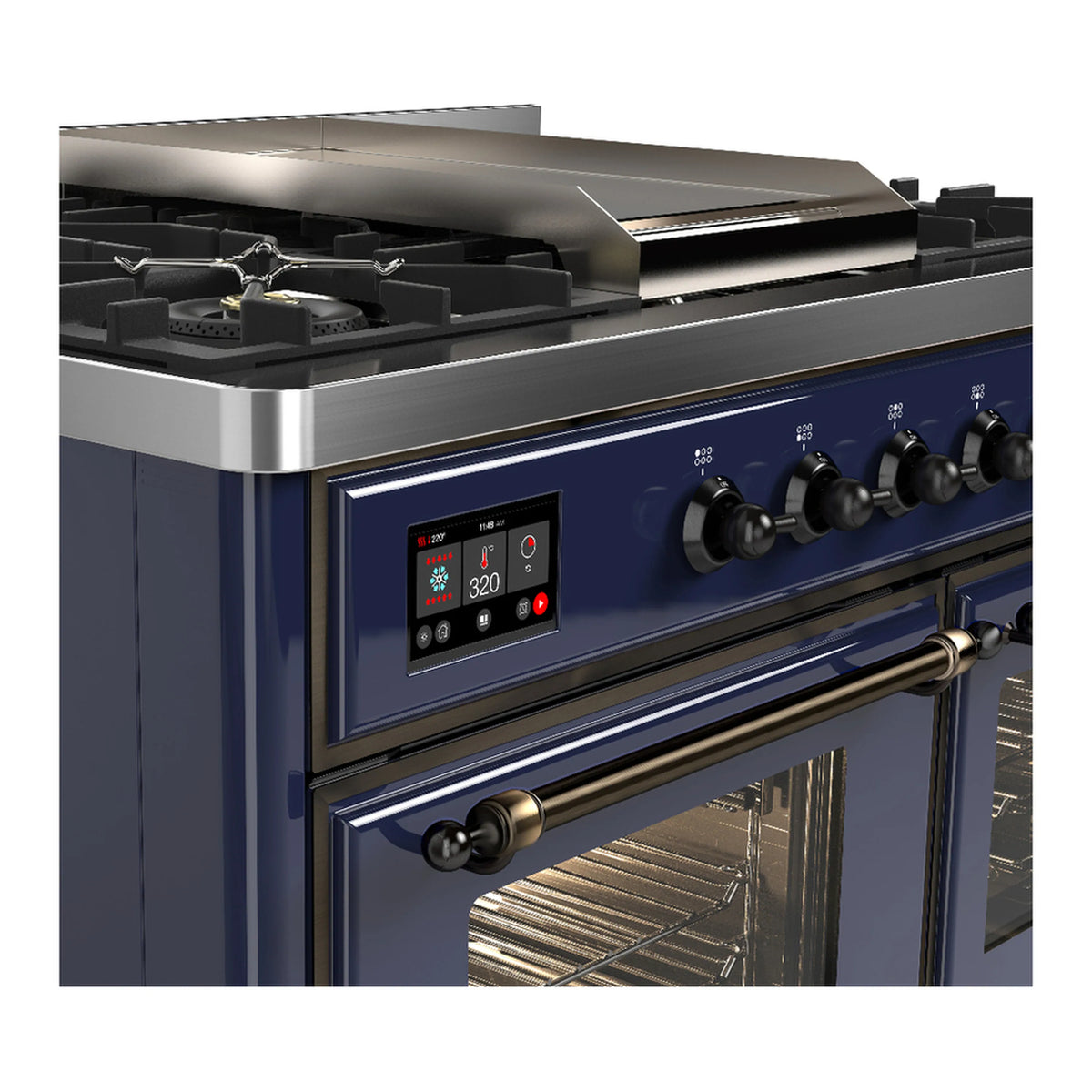Midnight blue dual fuel range control panel with knob burners and digital display