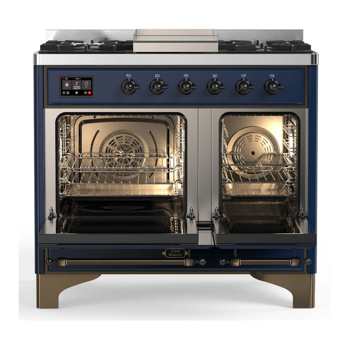 Midnight blue dual fuel range with two oven doors open, showing racks and interior