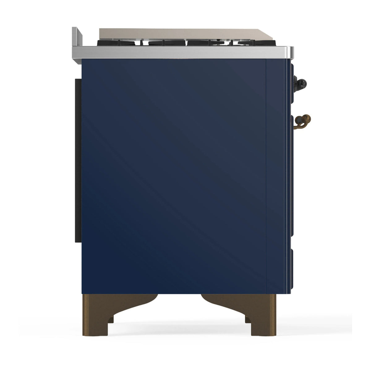 Midnight blue side view of a dual fuel range with gold-toned legs and trim