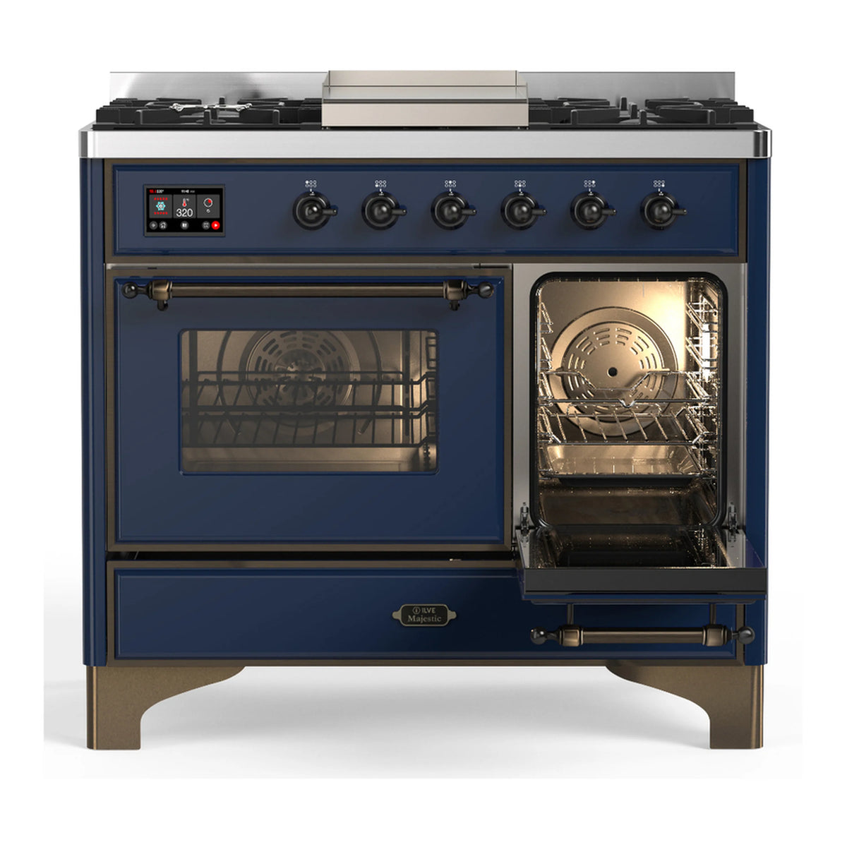 Midnight blue dual fuel range with one oven door open and second oven door closed
