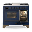 ILVE Majestic III 40-inch Dual Fuel Range with 6 Natural Gas Burner, Griddle and Triple Glass Door Electric Oven in Midnight Blue with Burnished Trim (UMD40FNR3MBB)