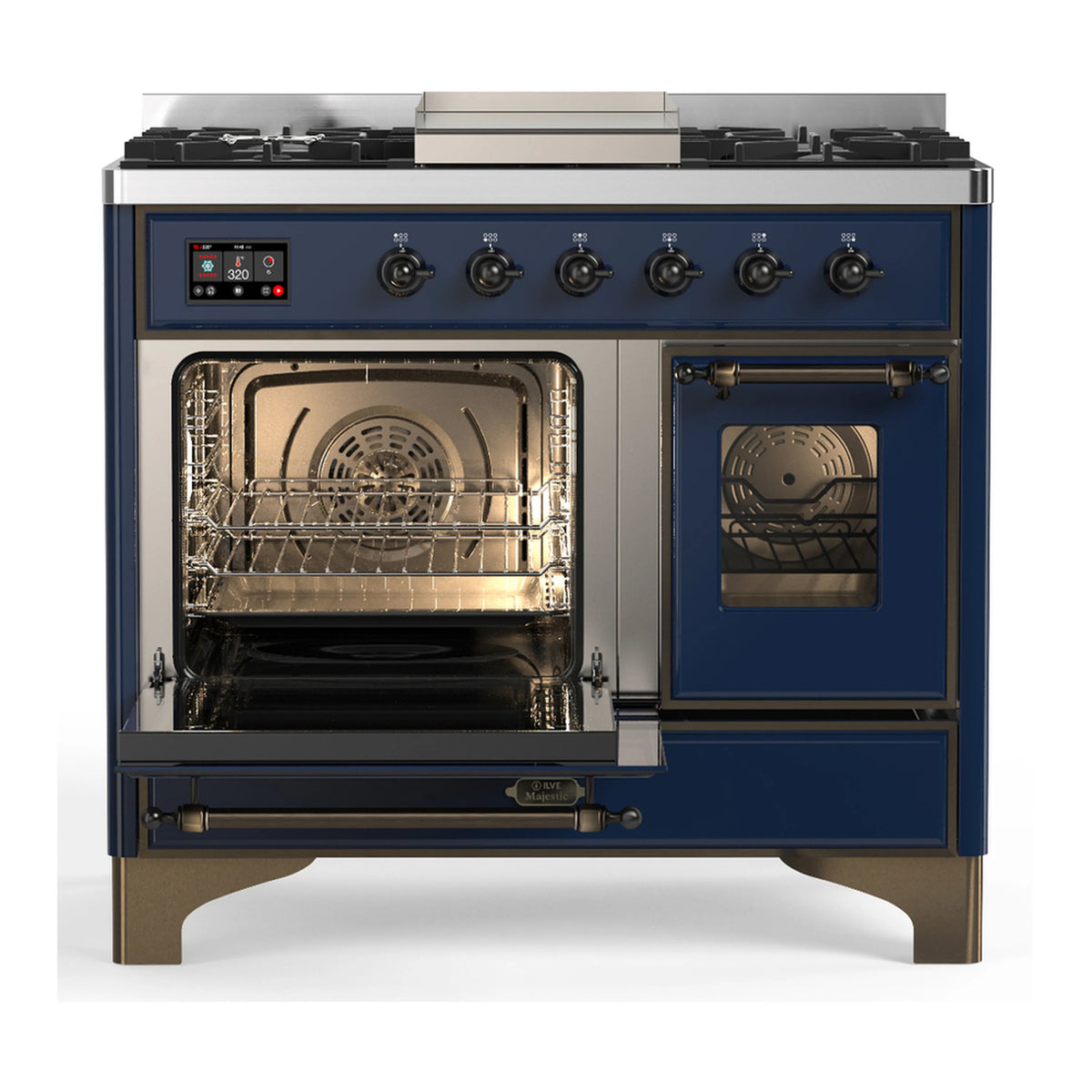 Midnight blue dual fuel range with both oven doors open, displaying racks and bake cavity