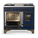 ILVE Majestic III 40-inch Dual Fuel Range with 6 Natural Gas Burner, Griddle and Triple Glass Door Electric Oven in Midnight Blue with Burnished Trim (UMD40FNR3MBB)