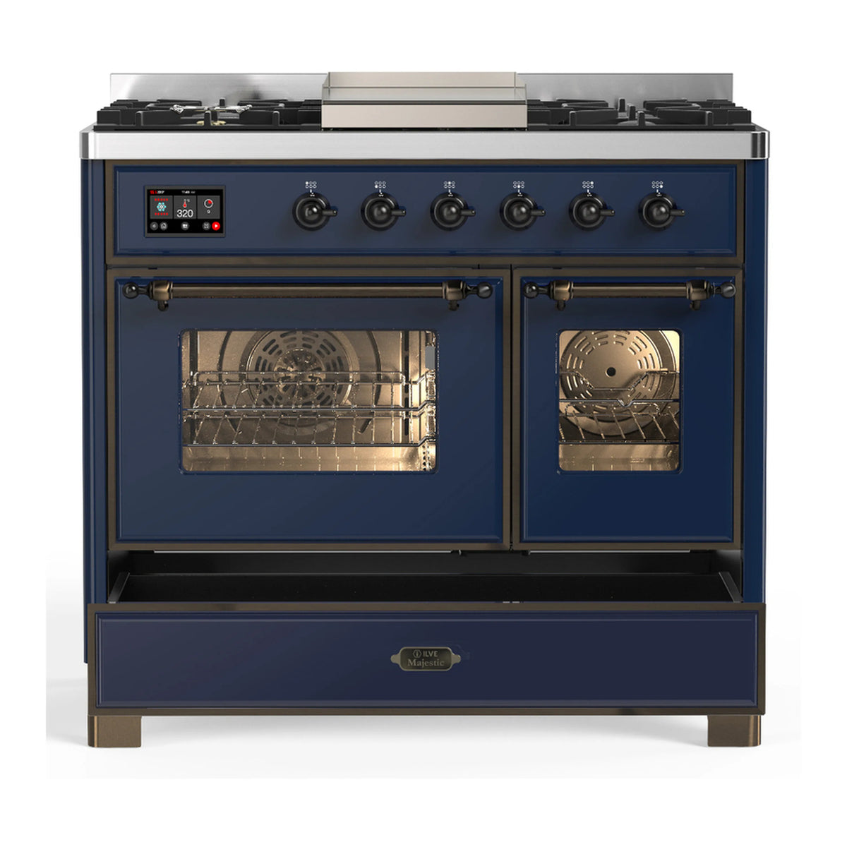 Midnight blue dual fuel range with both oven doors closed and cooktop controls on front