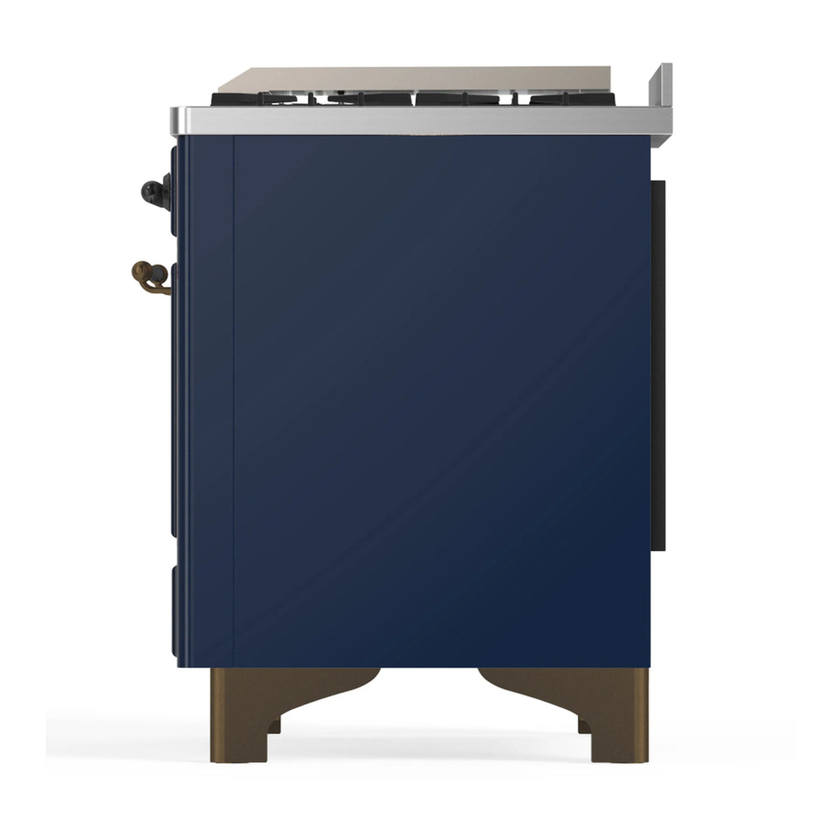 Midnight blue rear-side view of a dual fuel range with metal side handles