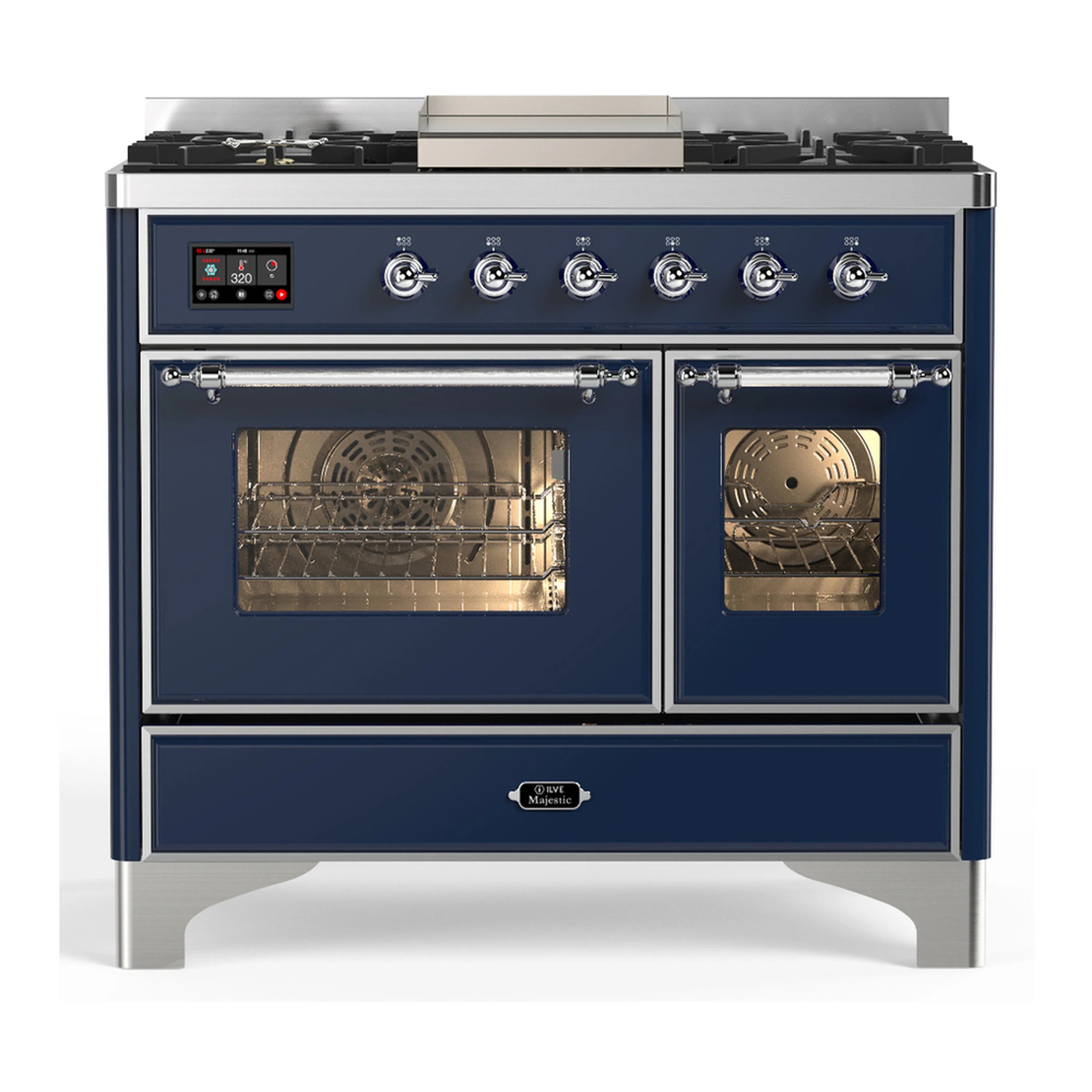 Midnight blue dual fuel range front view with two glass oven doors and burner knobs.