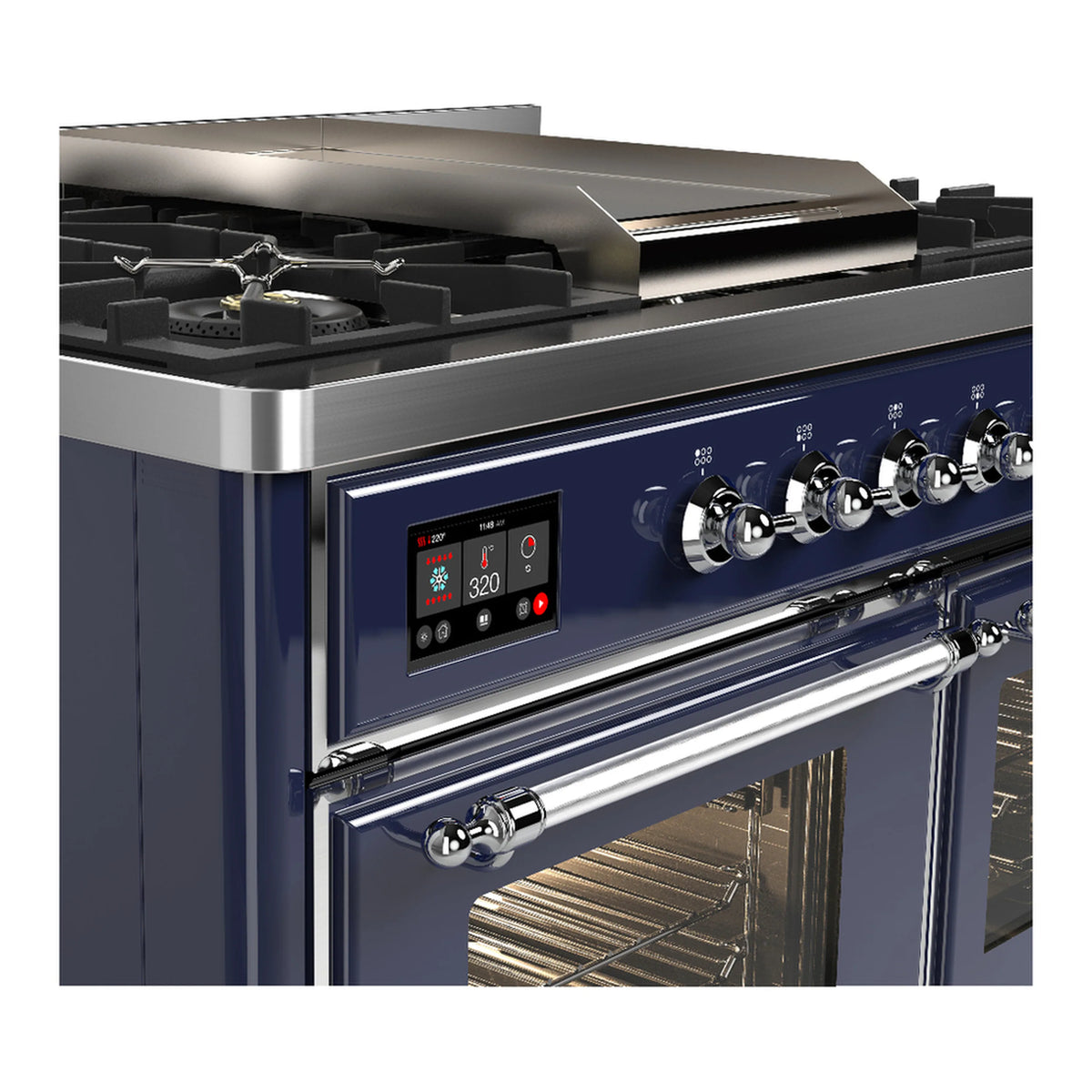 Midnight blue dual fuel range control panel with chrome knobs and display screen.