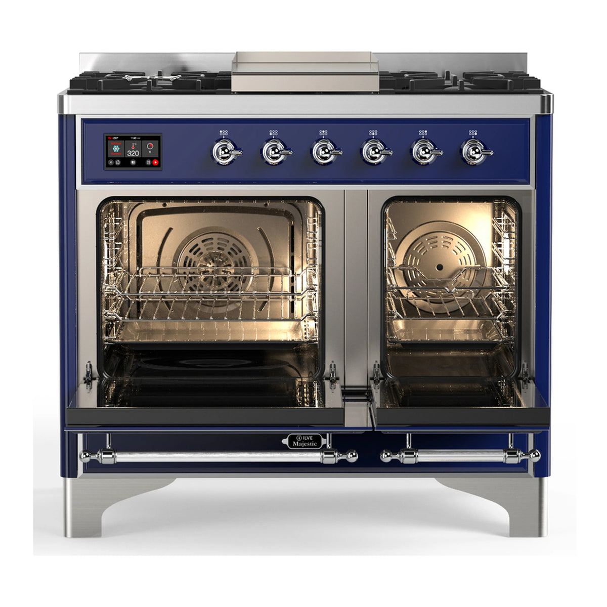 Midnight blue dual fuel range with both oven doors open, showing lit stainless interiors.