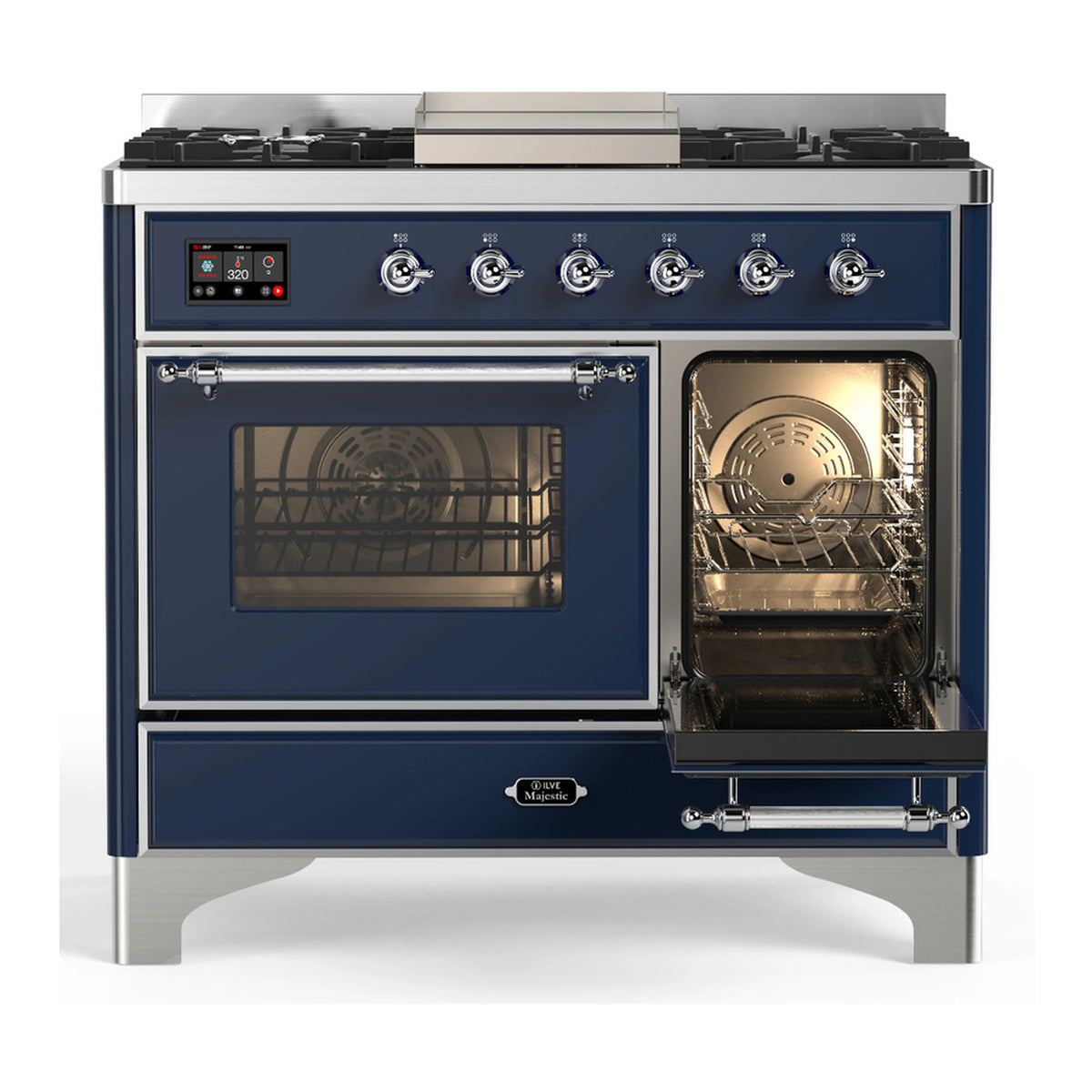 Midnight blue dual fuel range with right oven door open and lit stainless interior racks.