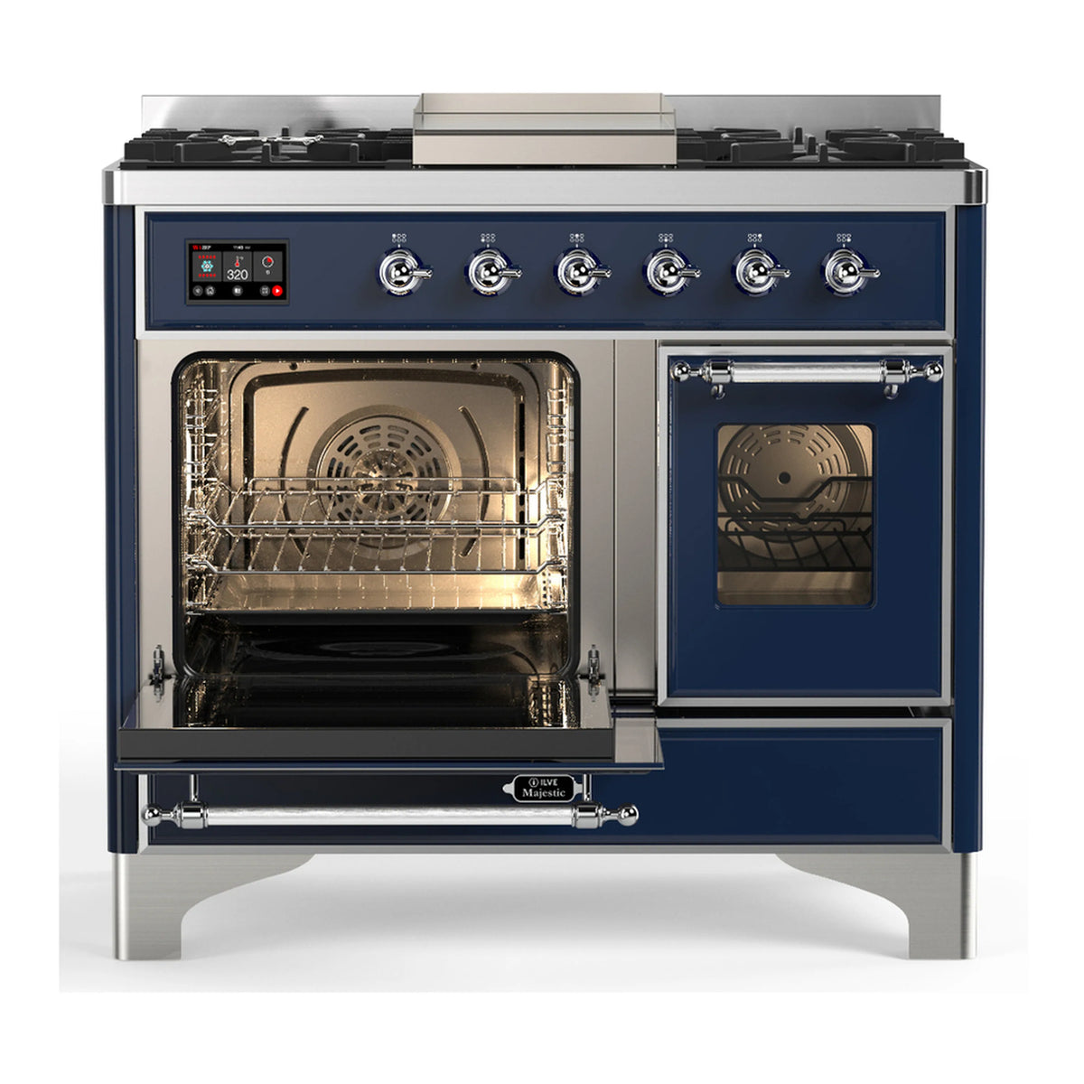 Midnight blue dual fuel range with one oven door open, showing stainless interior racks.