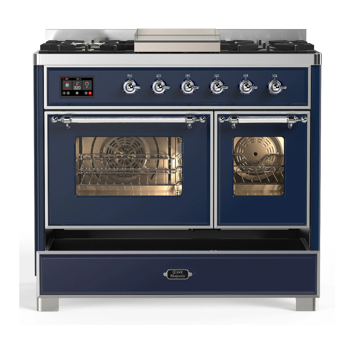 Midnight blue dual fuel range with two glass oven doors and six burner control knobs.