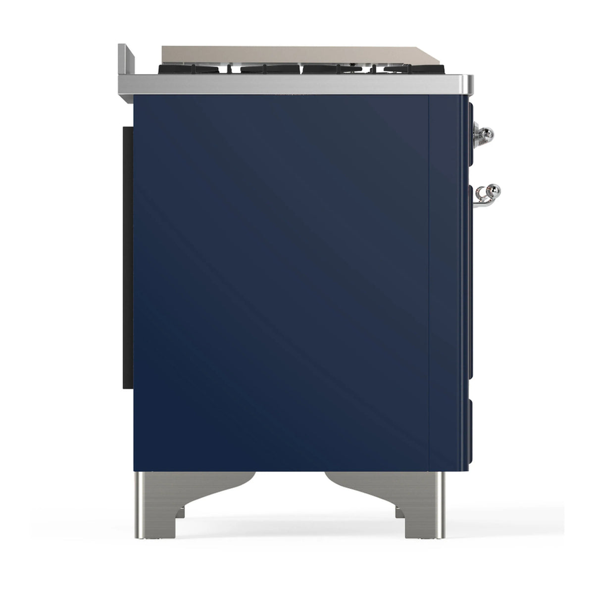 Midnight blue dual fuel range side panel with chrome knobs and base legs.