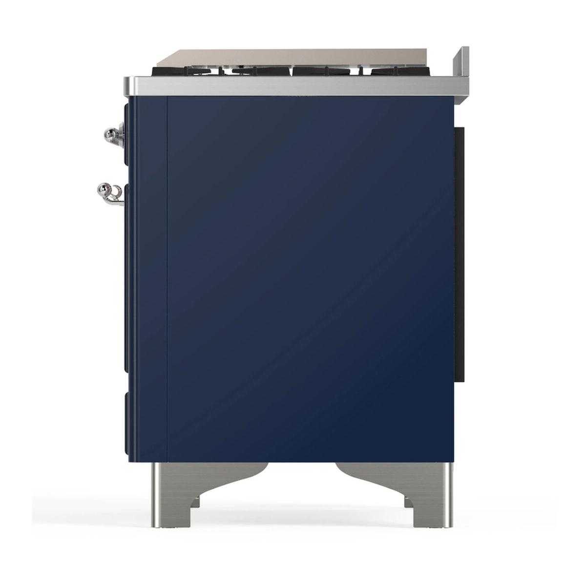 Midnight blue dual fuel range rear side view with chrome handle and stabilizing legs.