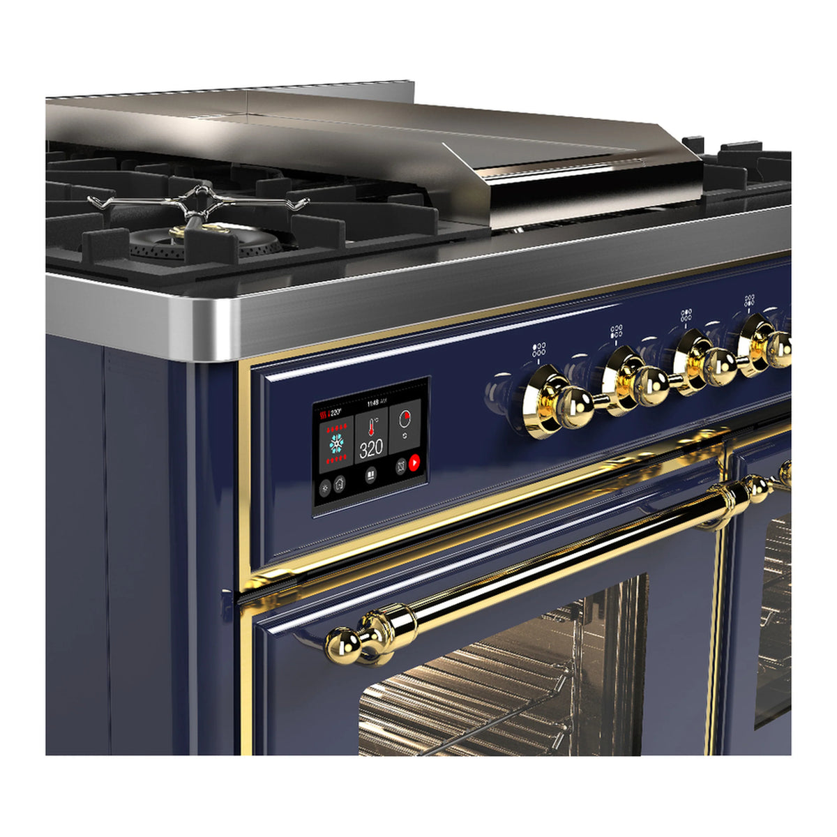 Dual fuel range control panel and brass knobs, blue grey finish, close-up
