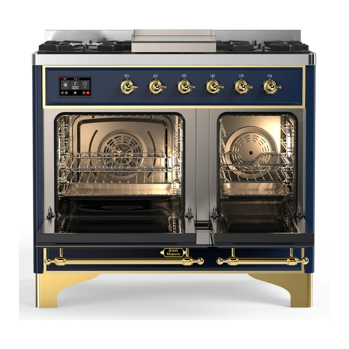 Blue grey dual fuel range with brass trim, six burners and two oven doors, front view