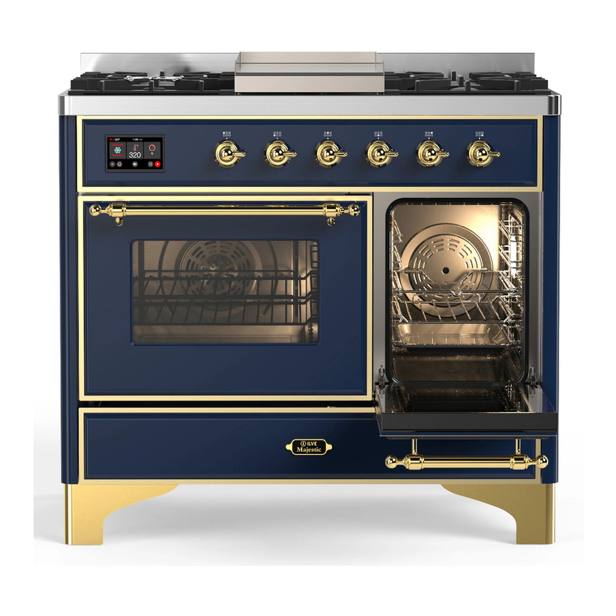 Blue grey dual fuel range with brass trim, oven doors open, burners control panel visible