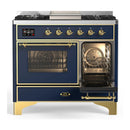 ILVE Majestic III 40-inch Dual Fuel Range with 6 Natural Gas Burner, Griddle and Triple Glass Door Electric Oven in Blue Grey with Brass Trim (UMD40FNR3MBG)