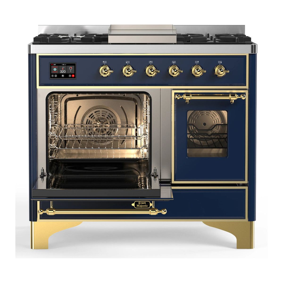 Blue grey dual fuel range with brass trim, main oven window and left oven door, front view