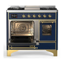 ILVE Majestic III 40-inch Dual Fuel Range with 6 Natural Gas Burner, Griddle and Triple Glass Door Electric Oven in Blue Grey with Brass Trim (UMD40FNR3MBG)