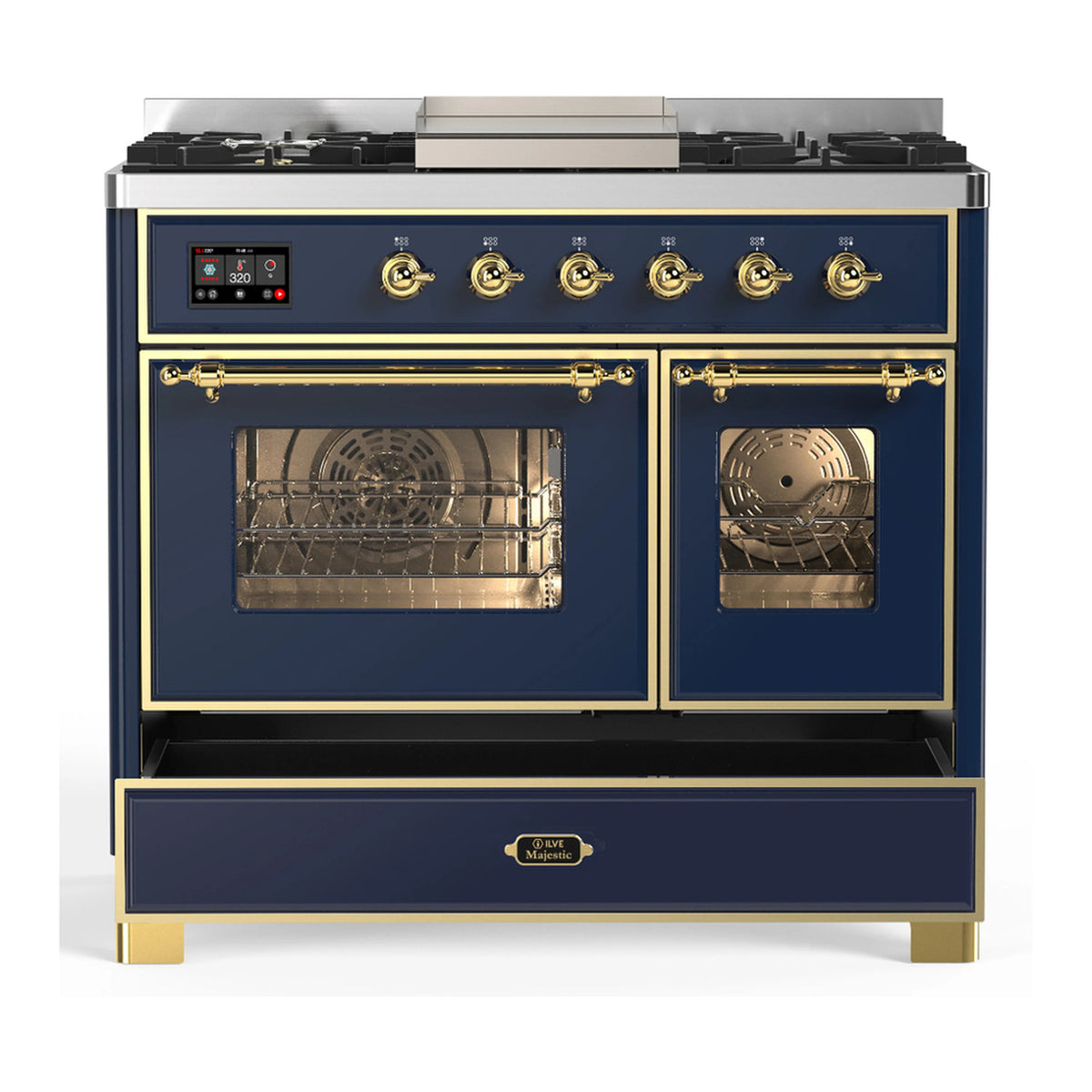 Blue grey dual fuel range with brass trim, both oven doors and warming drawer, front view