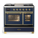 ILVE Majestic III 40-inch Dual Fuel Range with 6 Natural Gas Burner, Griddle and Triple Glass Door Electric Oven in Blue Grey with Brass Trim (UMD40FNR3MBG)