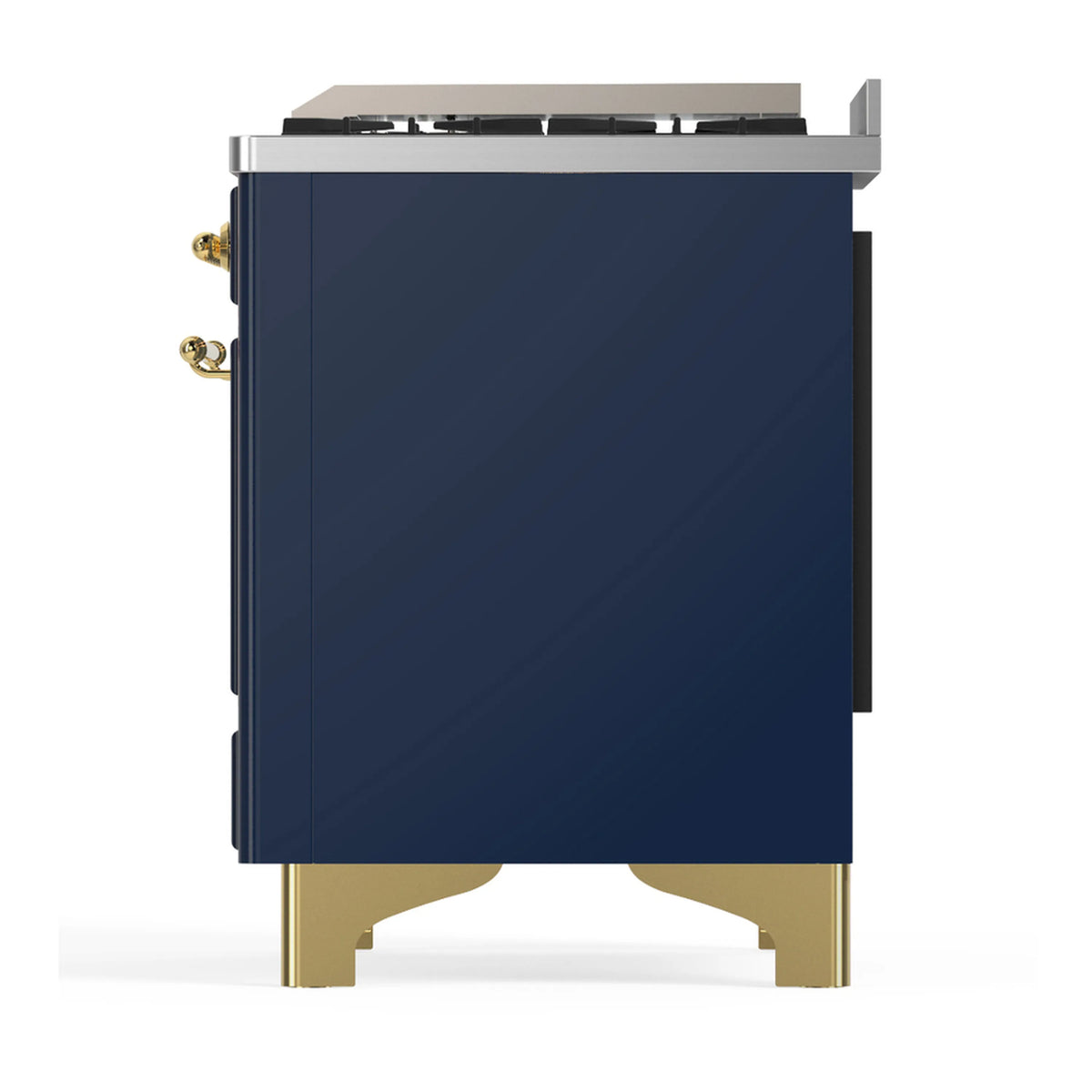 Blue grey dual fuel range back panel with brass feet, side view